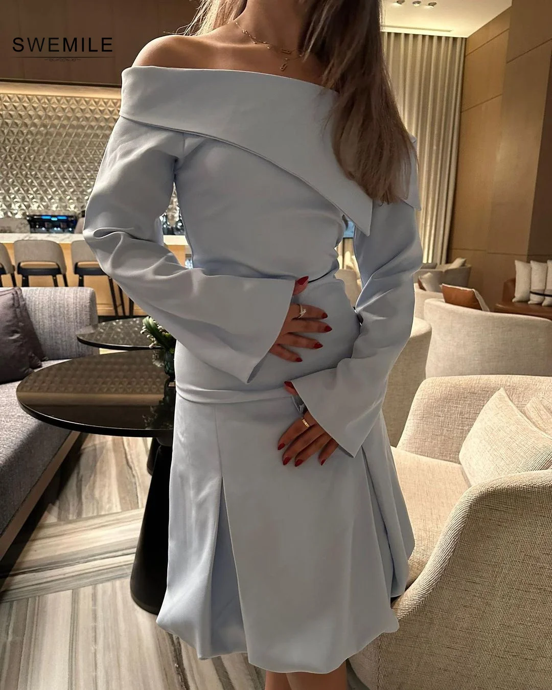 Blue Prom Dresses Wedding Party Dress Short Dresses For Special Events Zipper Up Long Sleeves Cocktail Formal Occasion Dresses