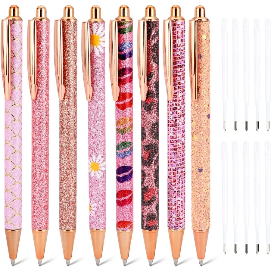 

8 Pcs Pink Sparkly Pens for Women Cute Glitter Ballpoint Pens with 10 Refills Elegant Girl Pens for Office School Christmas and