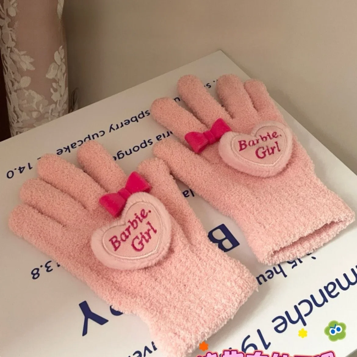 Barbie Glove Miniso Cute Keep Warm Bow Coral Fleece Glove Winter New Style Fashion Going To School Working Riding Glove Gift