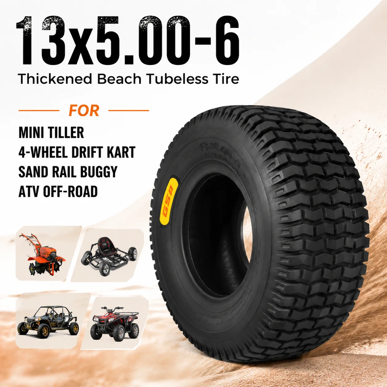 13*5.00-6 Thickened Beach Tubeless Tire for Mini Tiller 4-Wheel Drift Kart Sand Rail Buggy ATV Off-Road Replacement