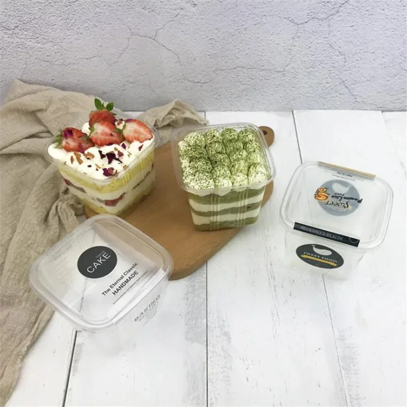 

50sets Square Plastic Cupcake Box Mousse Packaging Cake Box Disposable Transparent Dessert PET Cup Favors Boxes Supplies 400ML