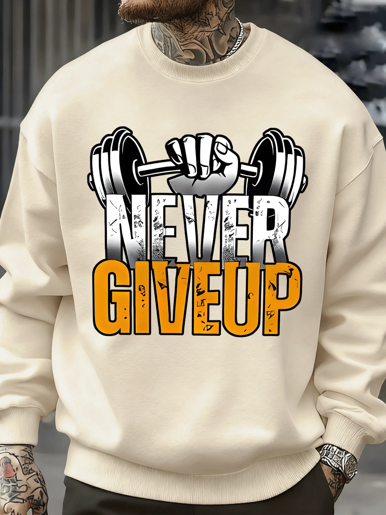 Never Give Up Fitness Design Herren-Sweatshirt, Hip-Hop-Mode, Sportbekleidung, Rundhalsausschnitt, Fleece-Pullover, lässige lockere Kleidung, Unisex