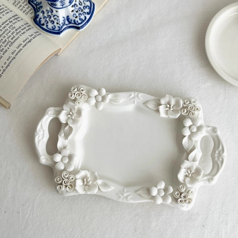 

Handmade Ceramic Plates 3D Flower Dessert Plate DoubleEar Thickened DinnerwareCreative Food Serving Dish Durable Tableware Set‌