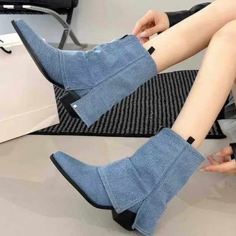 

Короткие сапоги на массивном каблуке для женщин, осенние и зимние ковбойские сапоги в стиле вестерн с острым носком