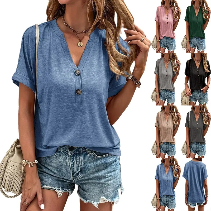 Stylisches Übergrößen-Kurzarm-T-Shirt mit V-Ausschnitt und Knopfleiste für Damen, Leichtes Sommer-Oberteil