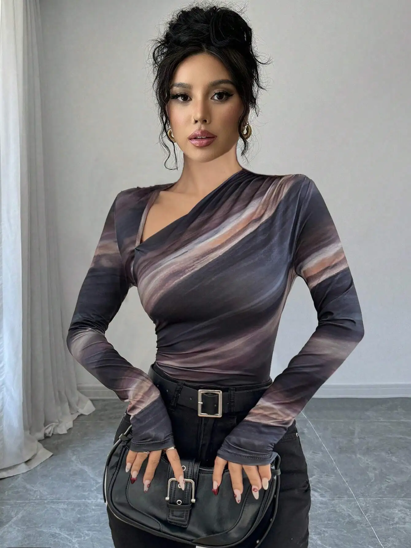 

Women's Elegant Gradient Print Asymmetrical Neck Long Sleeve T-Shirt Graphic Tees Women Tops For Spring Fall Cloth For Women