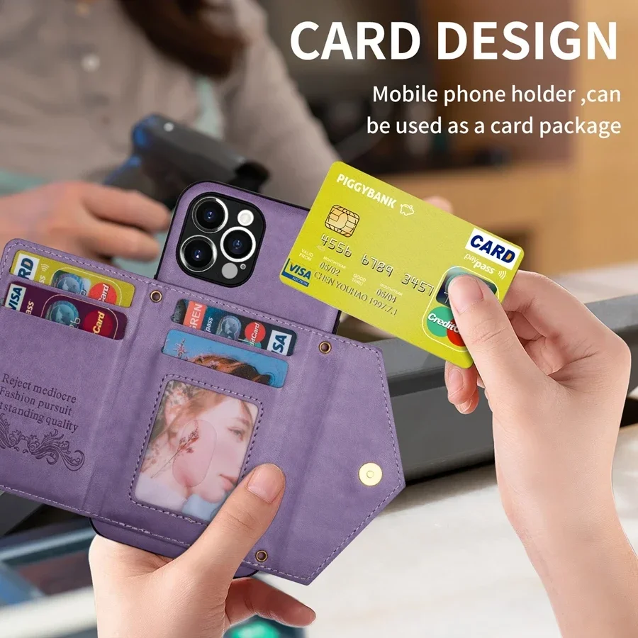 Funda de cuero tipo bandolera con cremallera y tarjeta lateral tipo billetera para iPhone 16 Pro Max 15 14 13 Mini 12 11 SE 2022 X XS XR 8 7 Plus