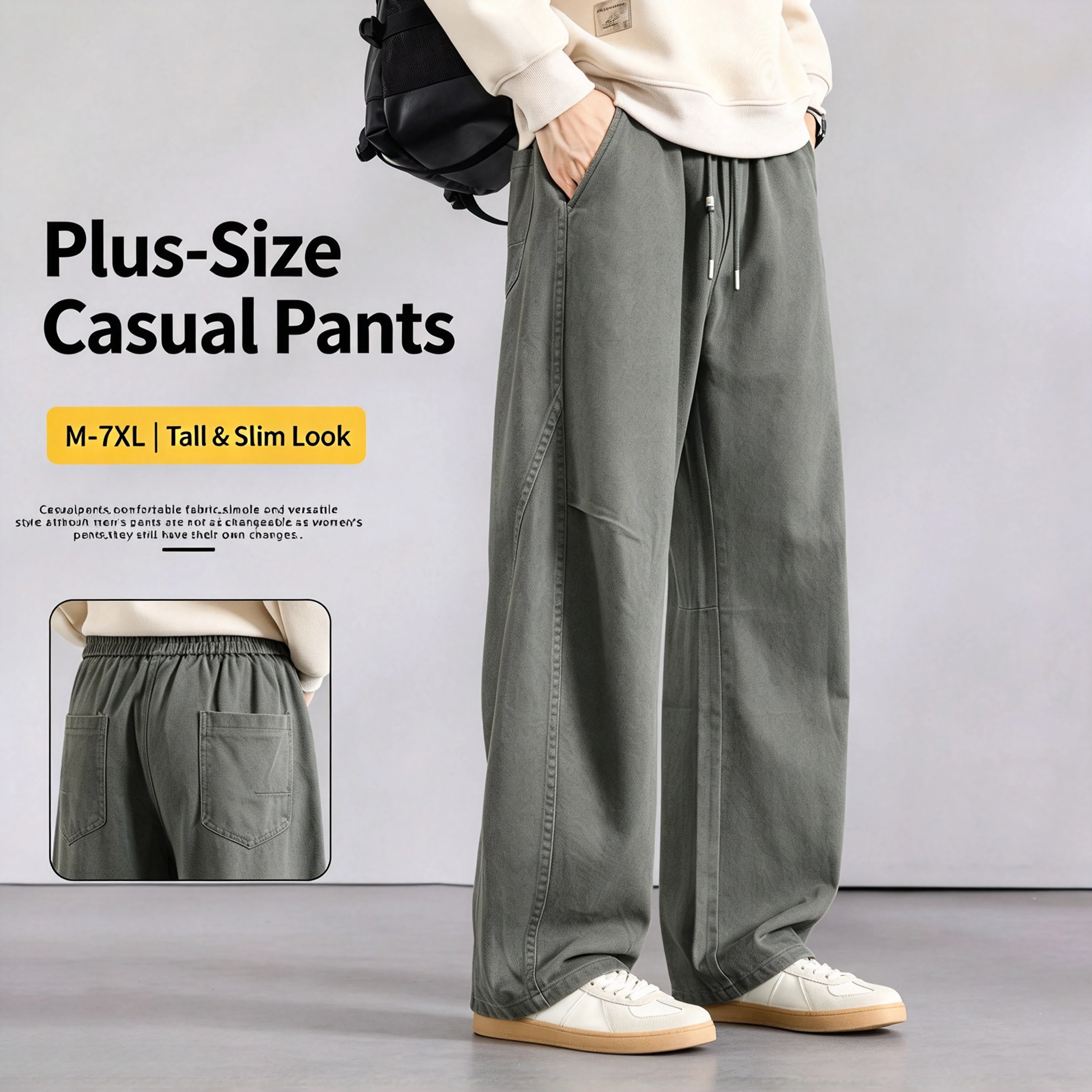 Plus-Size Men's Casual Pants, New Autumn/Winter American Old Money Style, Loose Straight-Leg, Elastic Waist, Wide-Leg, Versatile for Daily Wear, Commuting, Parties, Size 7XL