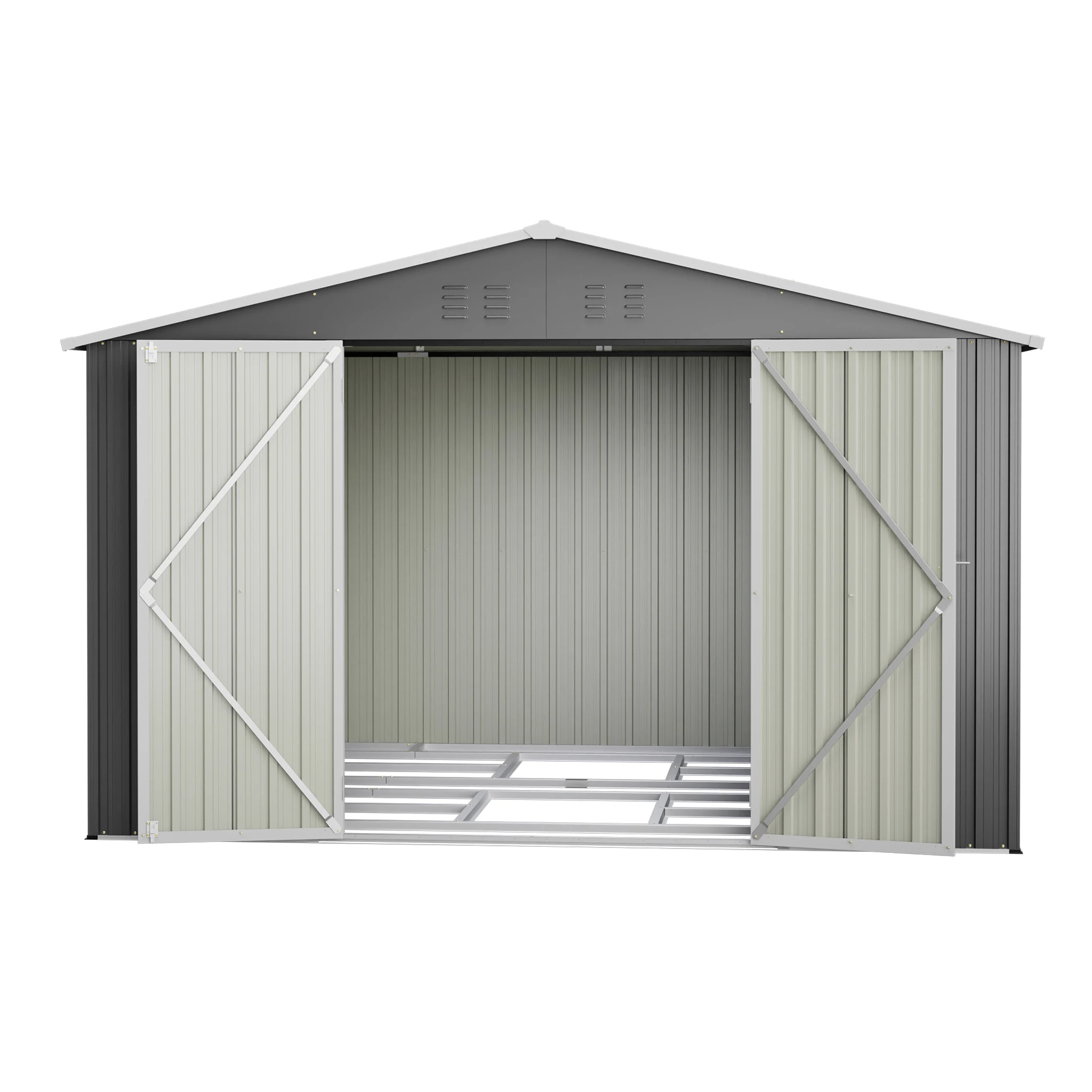 289×239×191cm Outdoor-Metall-Gartenschuppen mit verstärktem Metallrahmen, verzinkter Stahl-Werkzeugschuppen mit verstärktem Metallrahmen, wasserdichter und rostfreier Gartenschuppen mit Doppeltüren
