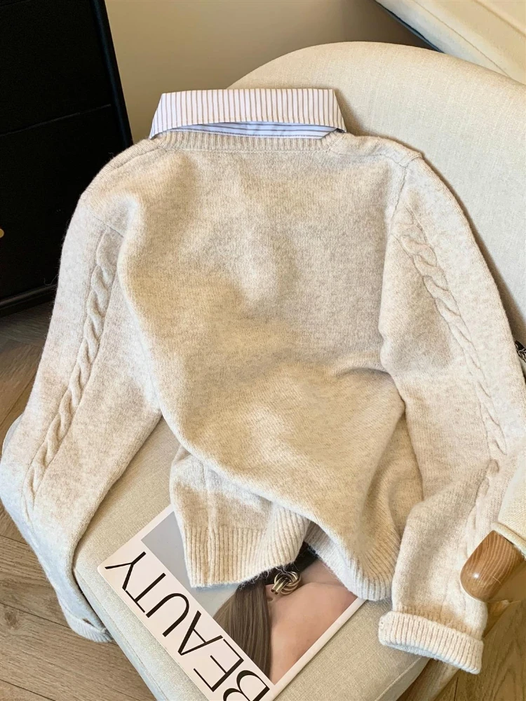 2025 Otoño e Invierno moda nuevo cárdigan de punto elegante para mujer, cuello abatible, Jersey informal grueso y cálido de Color sólido