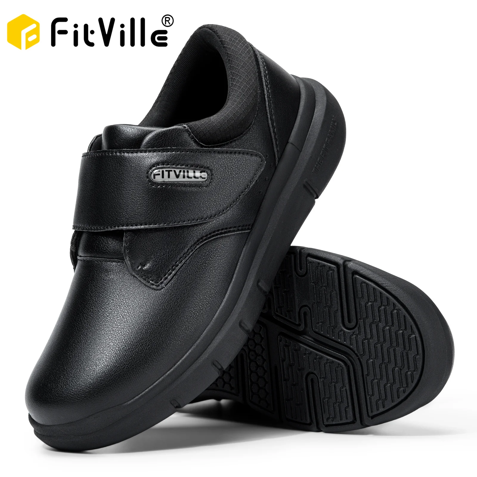 FitVille Extra Wide Men\'s Shoes Leather Diabetic Shoes Walking for Elder Orthopedic Toes Swollen Feet Non-Slip Arch Support