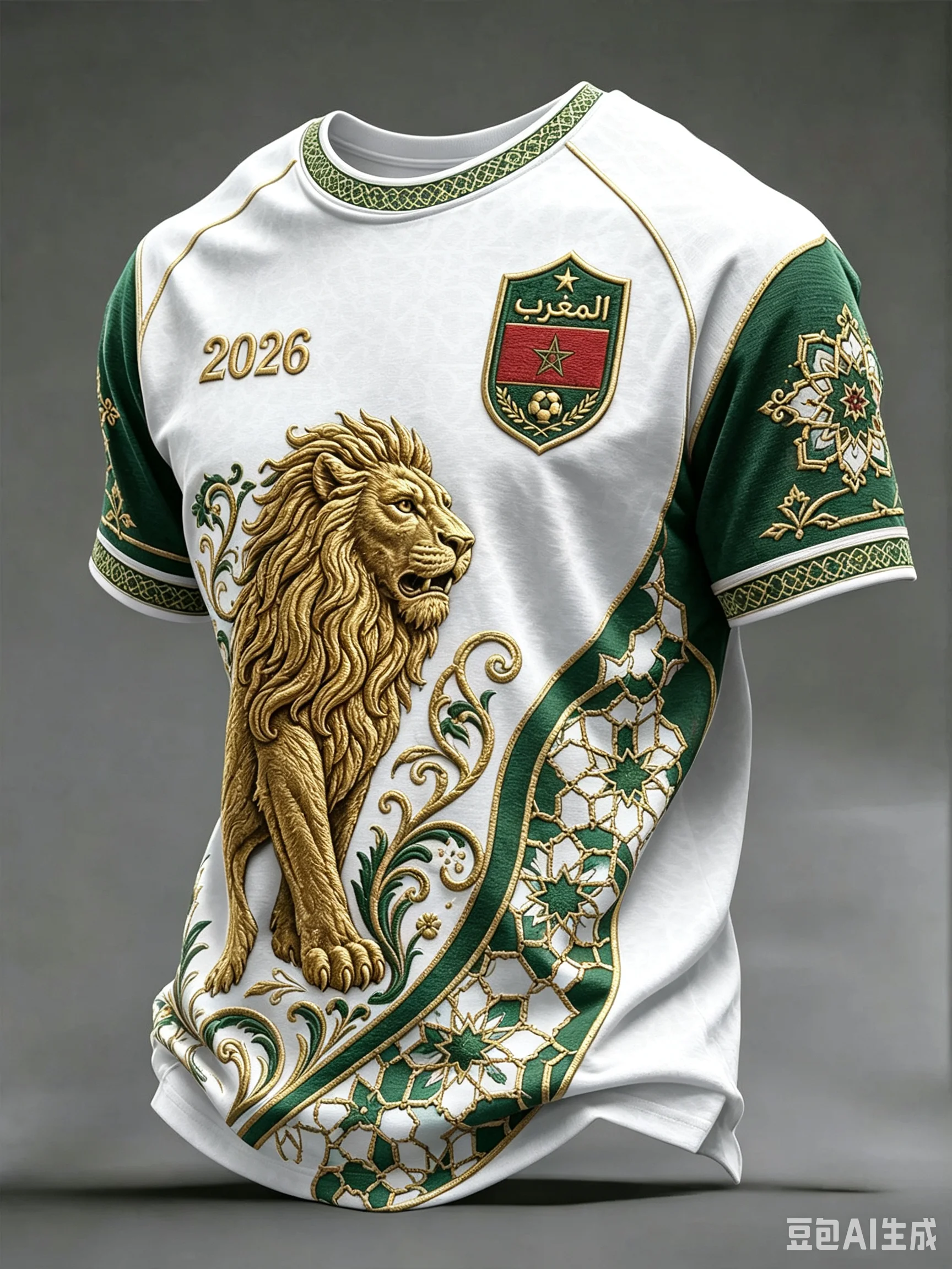 New Morocco 2026 Lion Emblem Soccer Jersey Intricate Moroccan Mosaic Embroidery Crest Red-green Colorway Ornate Trim Breathable