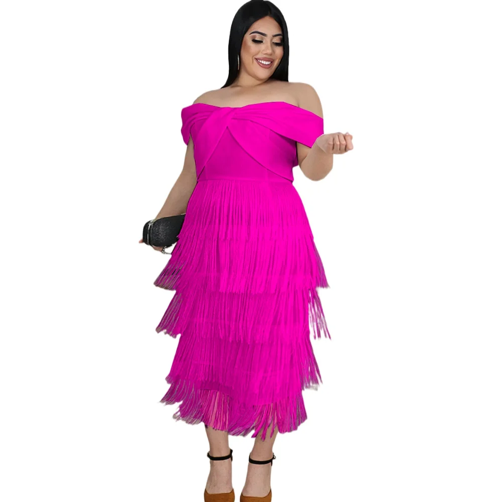 

Sexy Ruched Off Shoulder Open Back Tassels Mid Length Party Dress