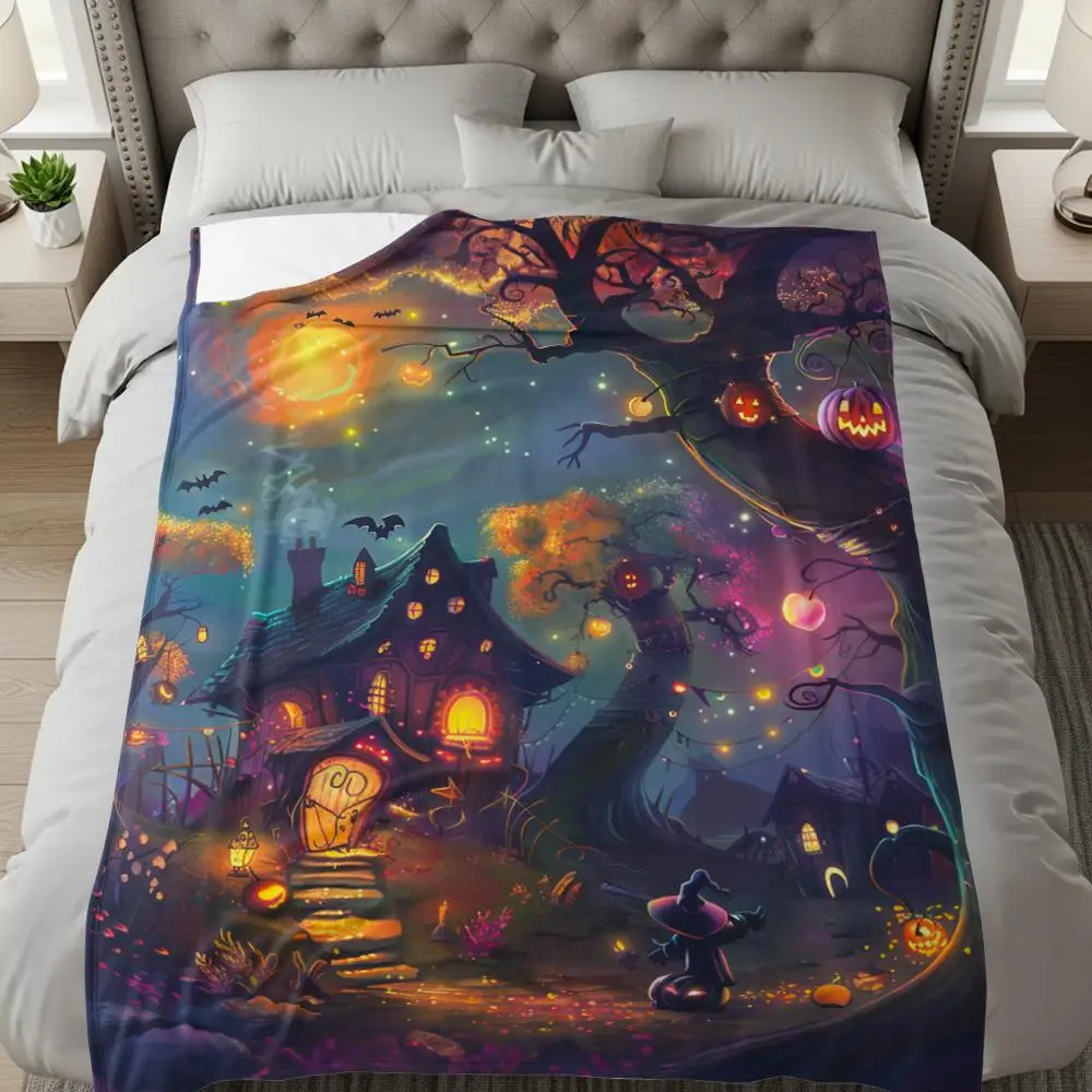 Halloween-themed Flannel Blanket, Cozy Fall/winter Decor with Witch and Haunted House Prints, A Classic Home and Outdoor Gift.