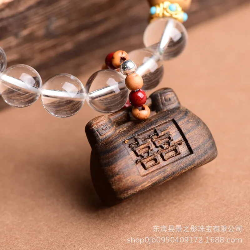 Natural White Crystal Single Circle Bracelet with Chess Nan Agarwood Big Lock Cinnabar Crafts Ornament Girls' Bracelet