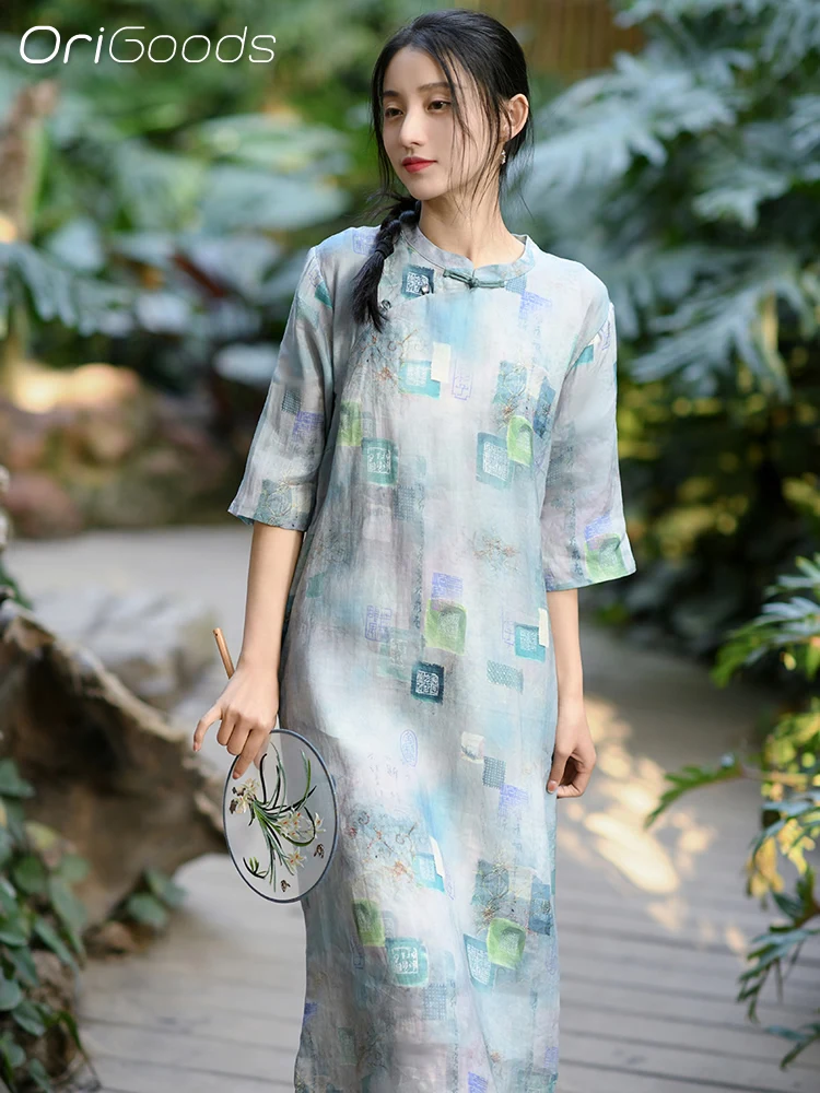 

OriGoods 2024 New Print Summer Dress Women Chinese style Qipao Dress Modern Ramie Elegant Mori girl Long Dresses Vintage Q090