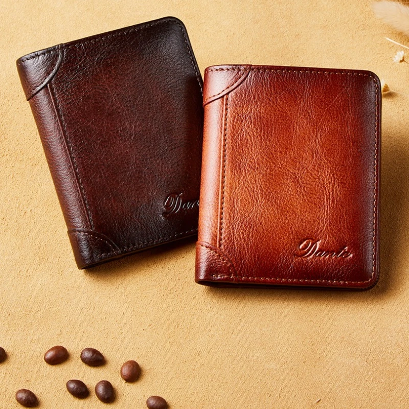New Men's Wallet Two Fold Vertical First Layer Cowhide Anti-theft Swipe Card Degaussing Leather Wallet Business Popular Wallet