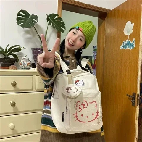 Sanurgente-Sac à dos Hello Kitty pour femme, grande capacité, sac à dos de campus étudiant, cadeau pour étudiants