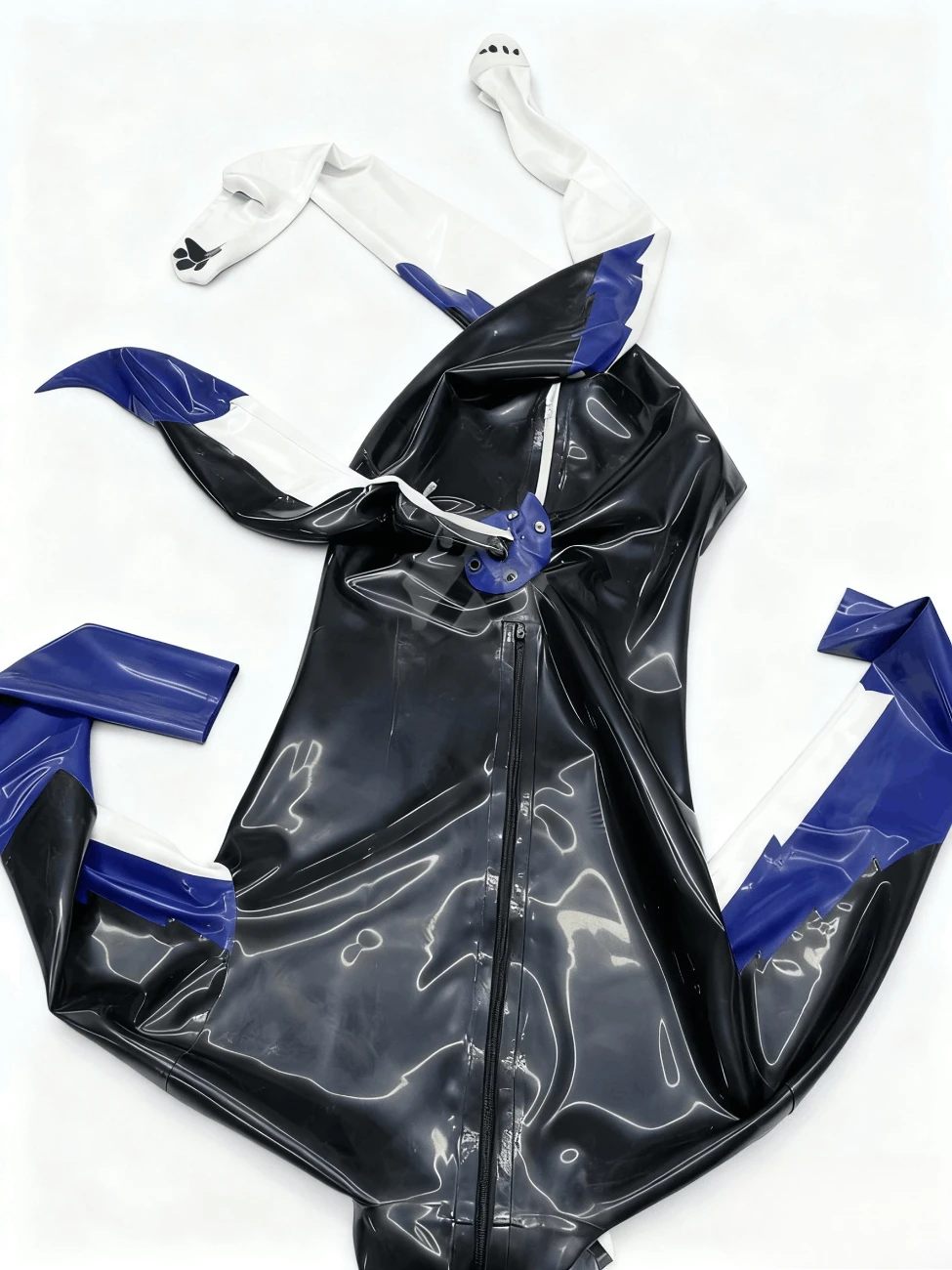 

rubber customized catsuit men's black latex bodysuit blue white accents long sleeve zipper front fashion party wear cosplay