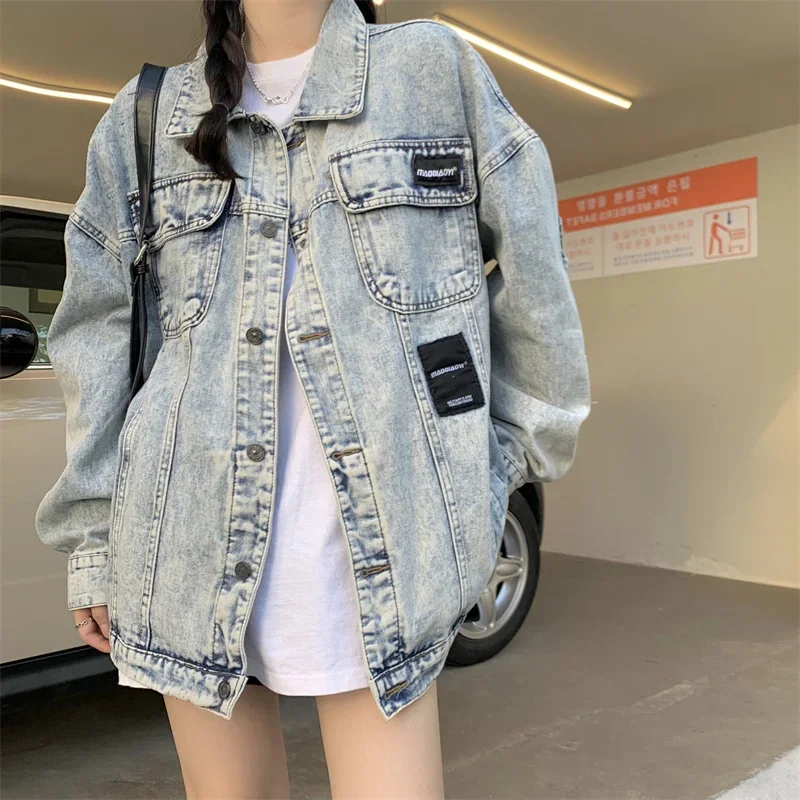 Vintage afligido denim jaquetas estilo coreano solto retalhos jean jaqueta moda manga longa casacos de grandes dimensões feminino