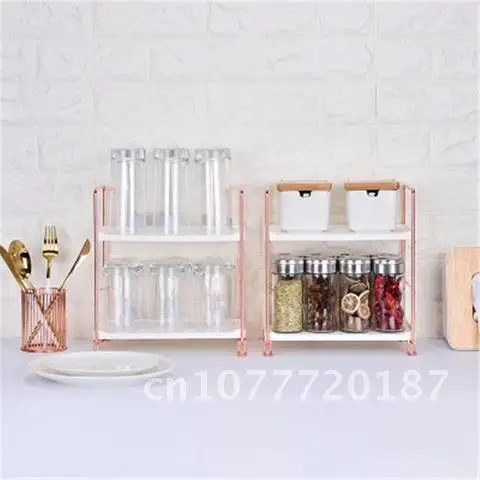 

Nordic Rose Gold Stackable Kitchen Shelf Desktop Iron Shelf 2/3 Tiers Multifunctional Bathroom Kitchen Seasoning Storage Rack