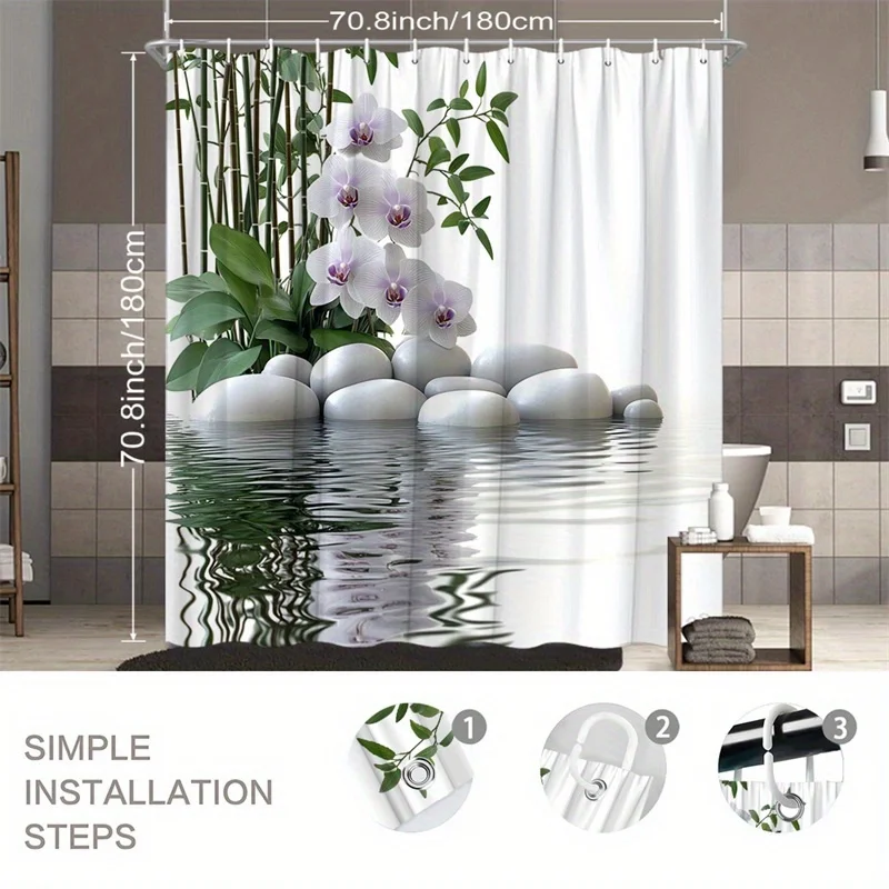 1pc Zen Pond Shower Curtain Serene Reflective Water Design with White Pebbles, Orchids Bamboo Stalks, Machine Washable