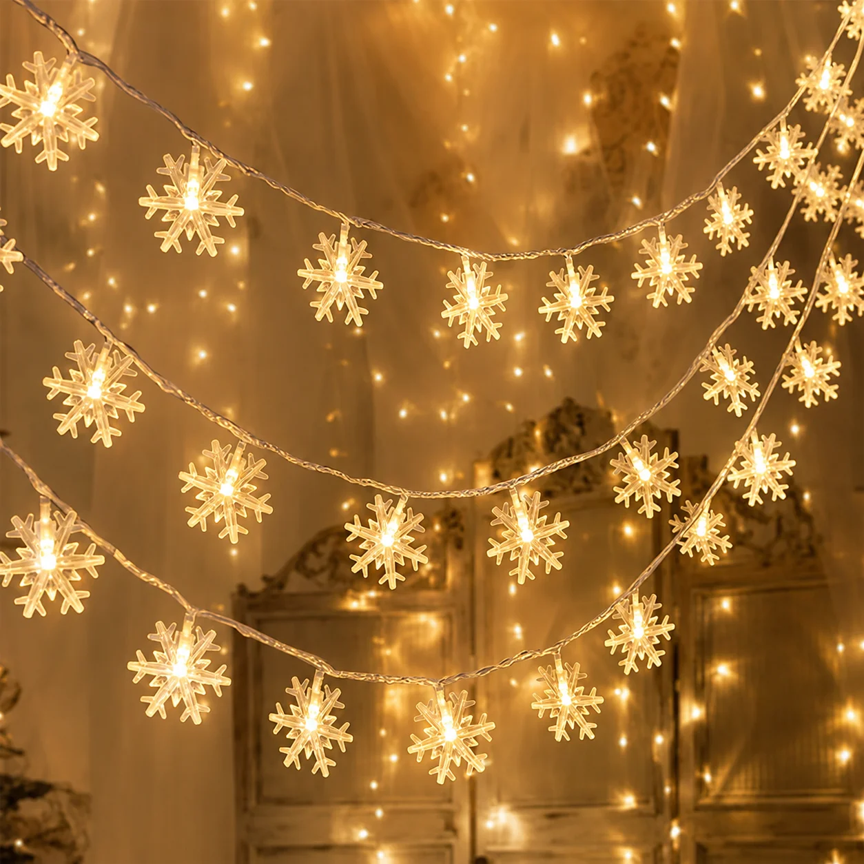 USB Snowflake LED Fairy Lights 8 Modes Remote Control Christmas Decorative String Lamps for Window Bedroom Party Celebration