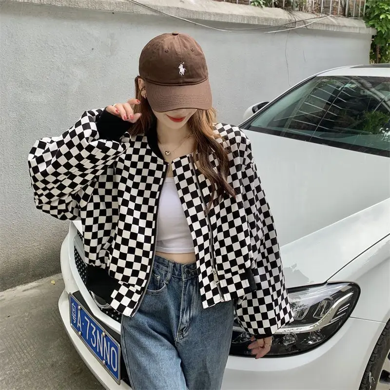 Vintage Chessboard Pattern Jackets Autumn New Casual Long Sleeve Korean Women's Clothing Streetwear Spliced Stylish Zipper Coats