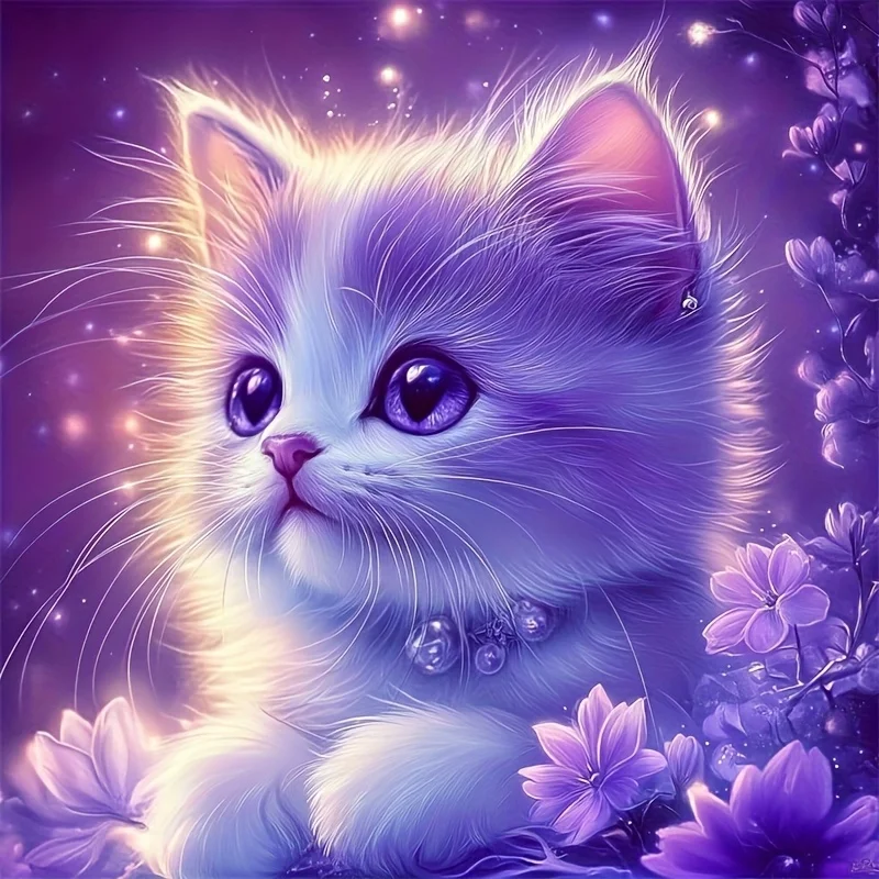 Kit de Pintura de Diamantes 5D con Diseño de Gatito Morado, Set de Arte de Diamantes sin Marco, Arte y Manualidades para Decoración de Paredes del Hogar, Regalo Maravilloso