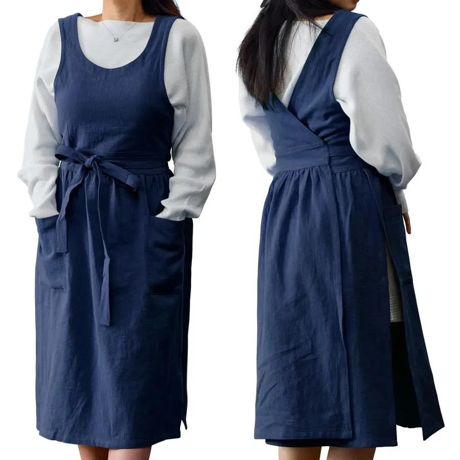 

Linen Cross Back Apron for Women with Pockets Japanese, Korean Style No Tie Pinafore Smock for Kitchen Cooking Garden