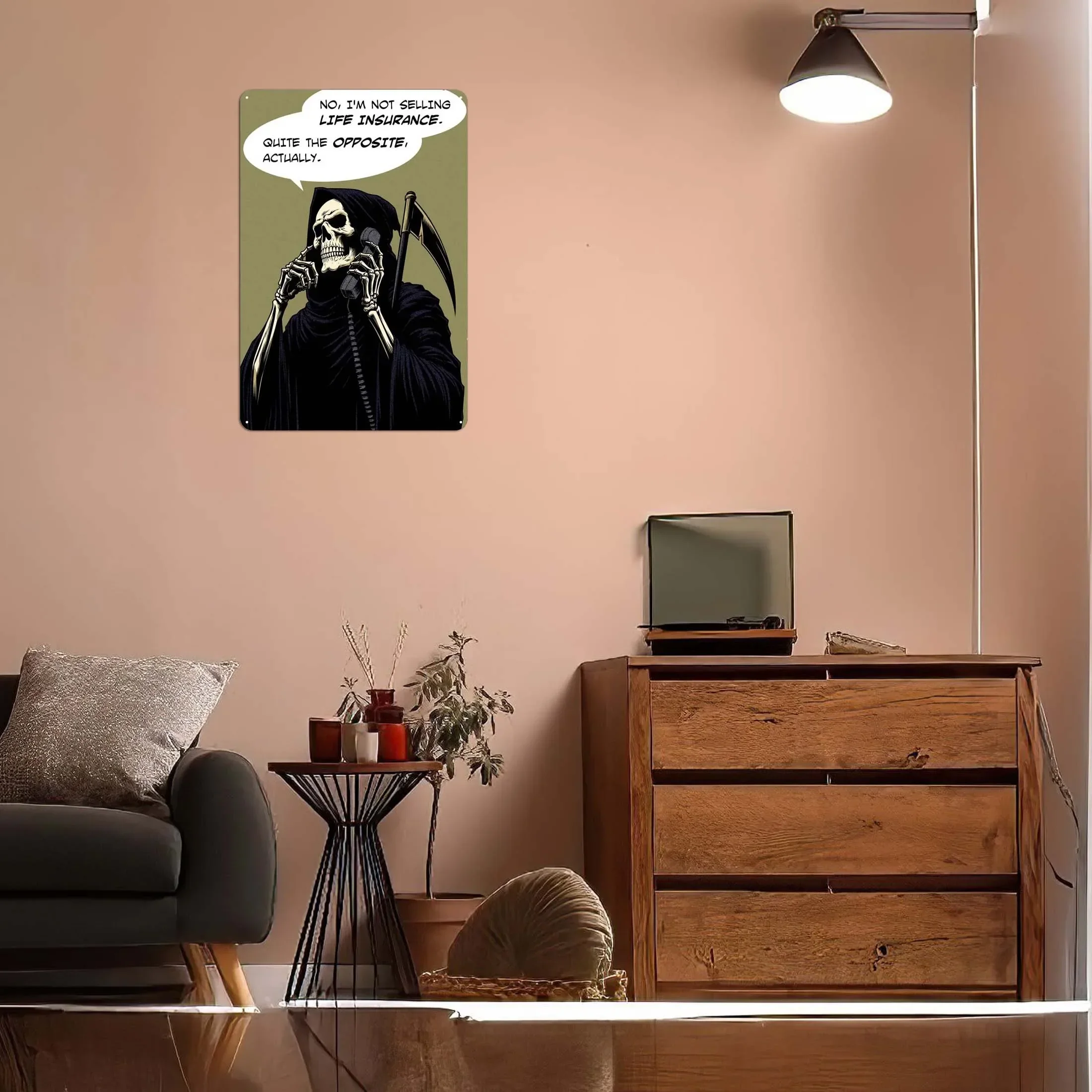 Grim Reaper Life Insurance Comics Metal Poster Art of Murals Vintage Funny Metal Tin Sign Plate for Wall Decoration House Decor