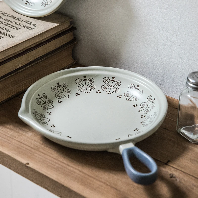 

Creative Single Handle Clay Pan for Home Use Ceramic Fried Egg Retro Baked Rice Baking Tray