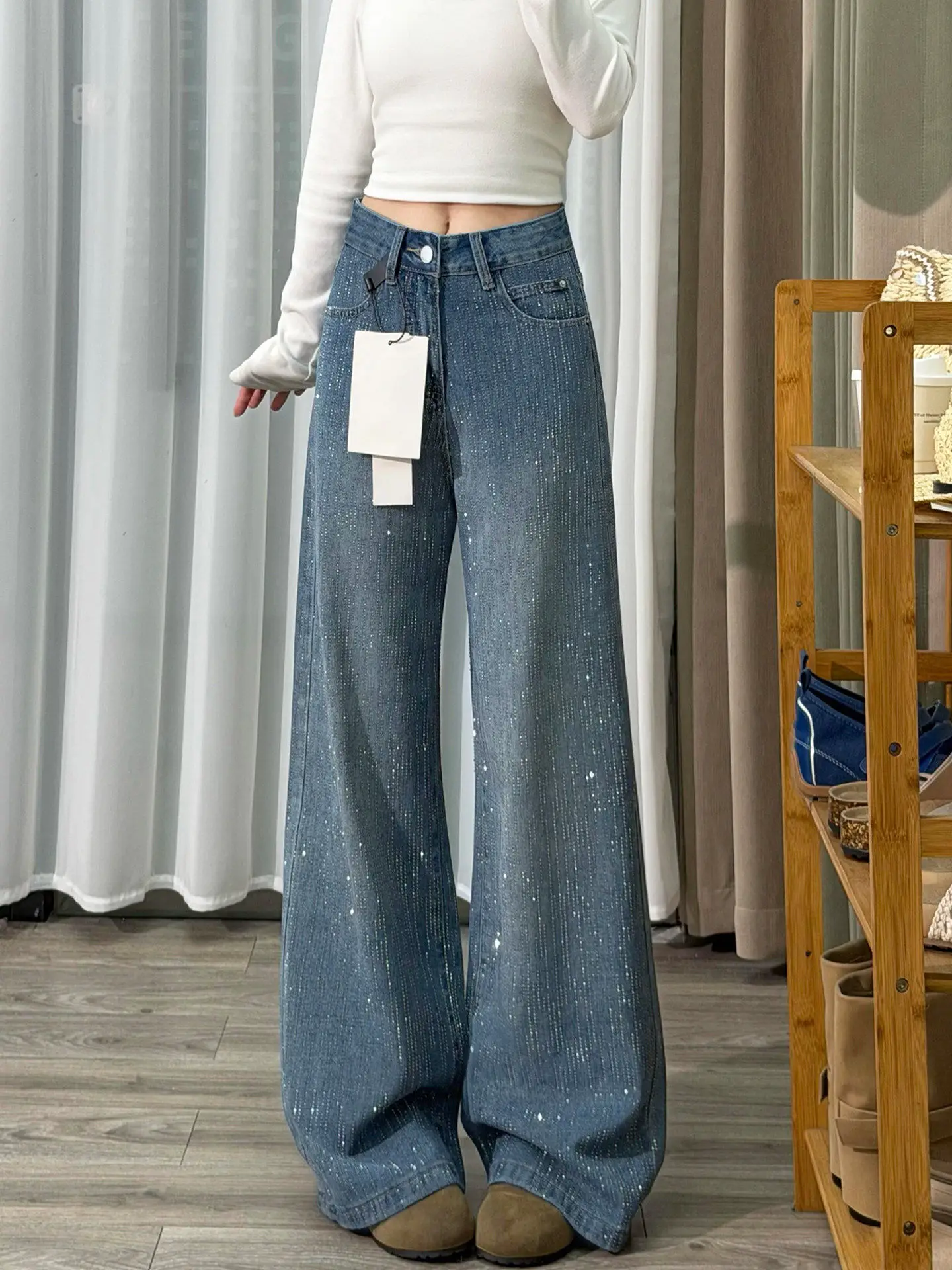 

Ретро-джинсы синего цвета с широкими штанинами и стразами, женские, для ранней весны, свободные, стройнящие, струящиеся, с прямым кроем и звездными стразами, длинные брюки