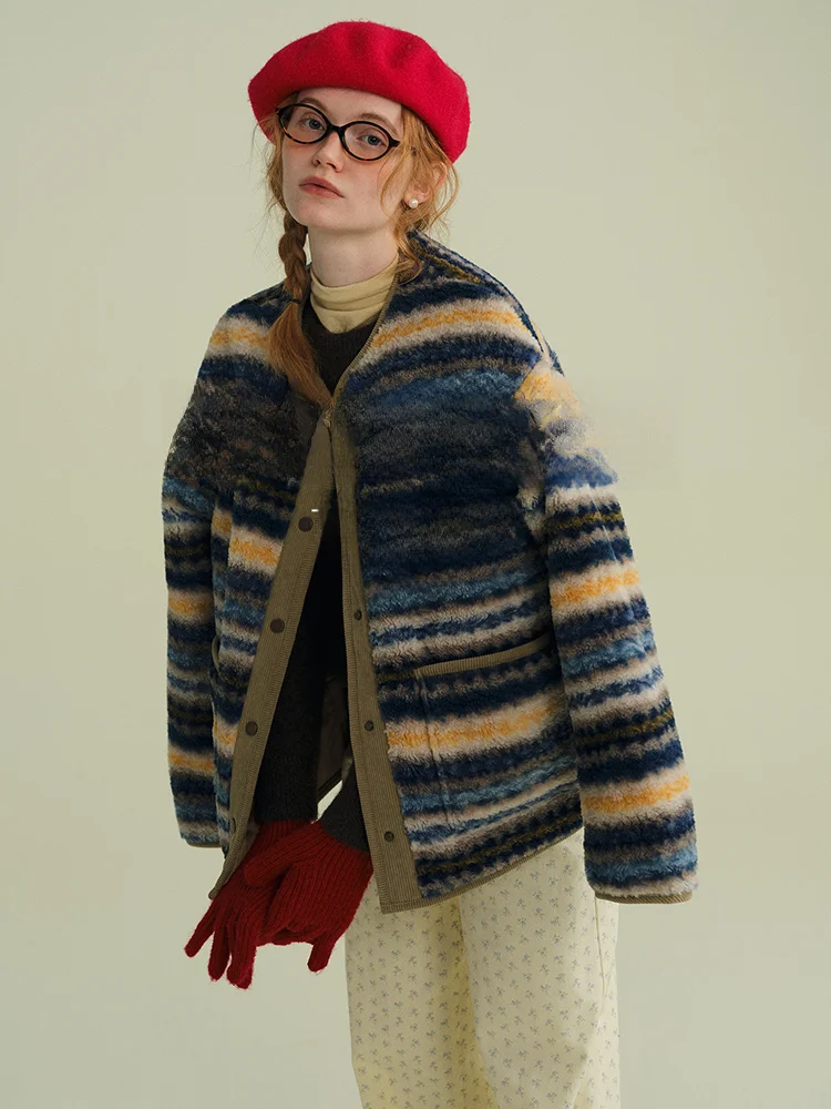 

Женская повседневная свободная куртка из полиэстера с пуговицами, узором Fair Isle и вставками из овечьего меха, осенне-зимняя, на пуговицах