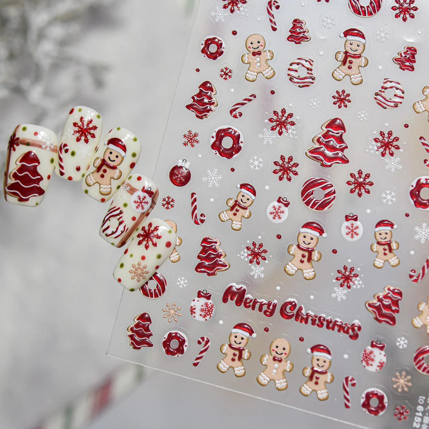 Nail Art Xmas - Festliche Winter-5D-Nagelkunst-Aufkleber, Weihnachts-Lebkuchenmann, Weihnachtsbaum, Zuckerstange, Donut,