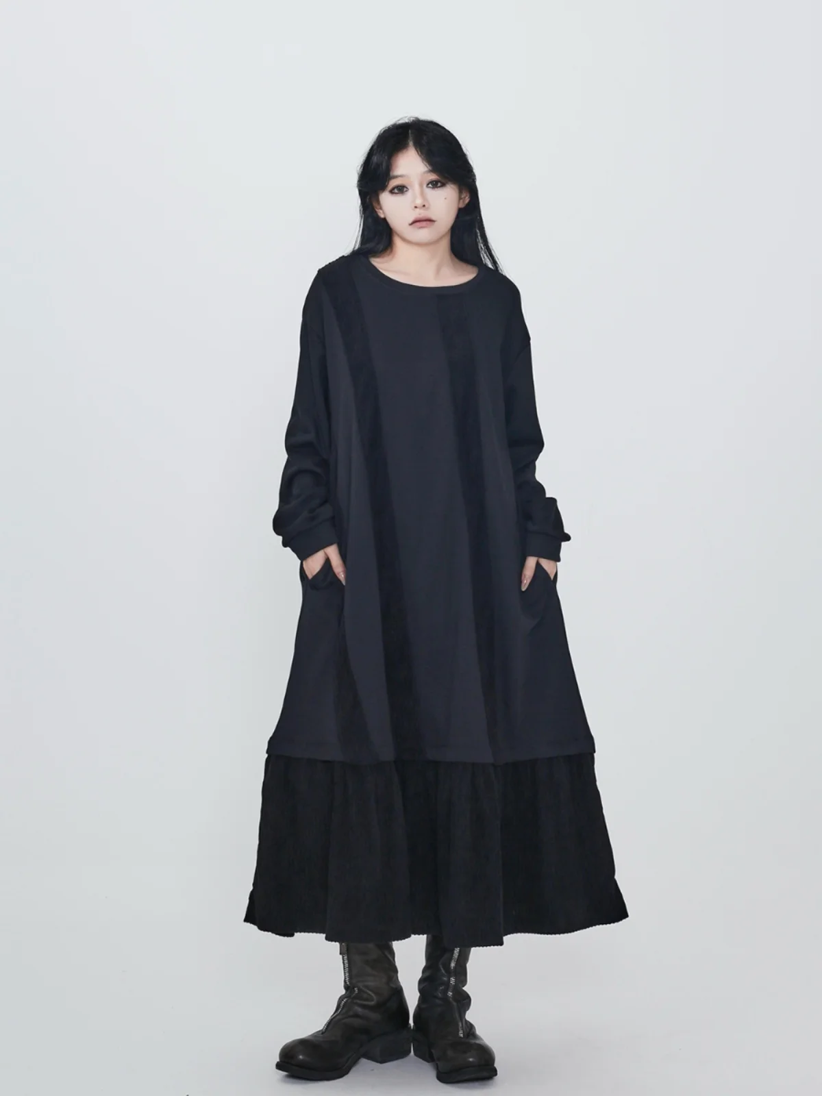 

Dark Series Velvet Patchwork Loose Slimming Women's Dress Autumn New Arrival Hidden Seeking A-Line Midi Dress Long Sleeve