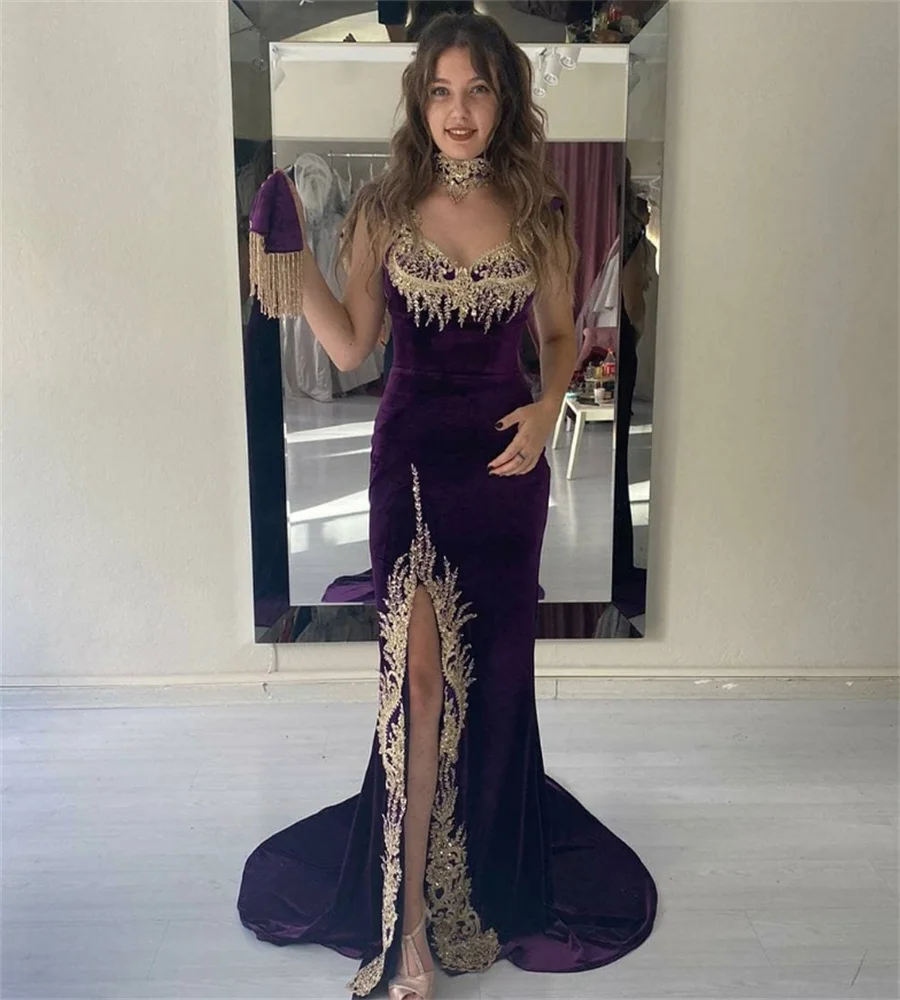 Gorgeous Purple Evening Dresses Moroccan Abaya Dubai Prom Dress With Slit Gold Appliques Velvet Formal Birthday Party Customized