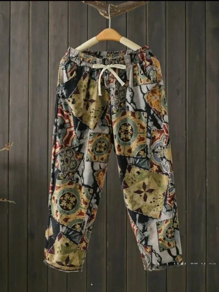 Pantalones bombachos de lino y algodón con estampado a la moda para mujer, pantalones holgados informales de cintura alta hasta la pantorrilla, ropa