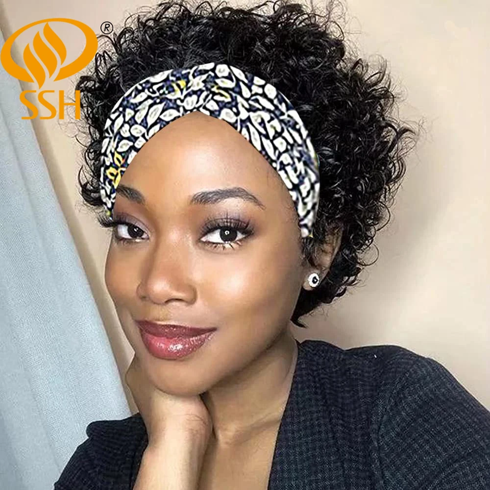 SSH short Curly Scarf Headband Wigs Afro Kinky Curly Hair Wig Turban Wrap Wig Brazilian Remy Human Hair Wigs for Black Women