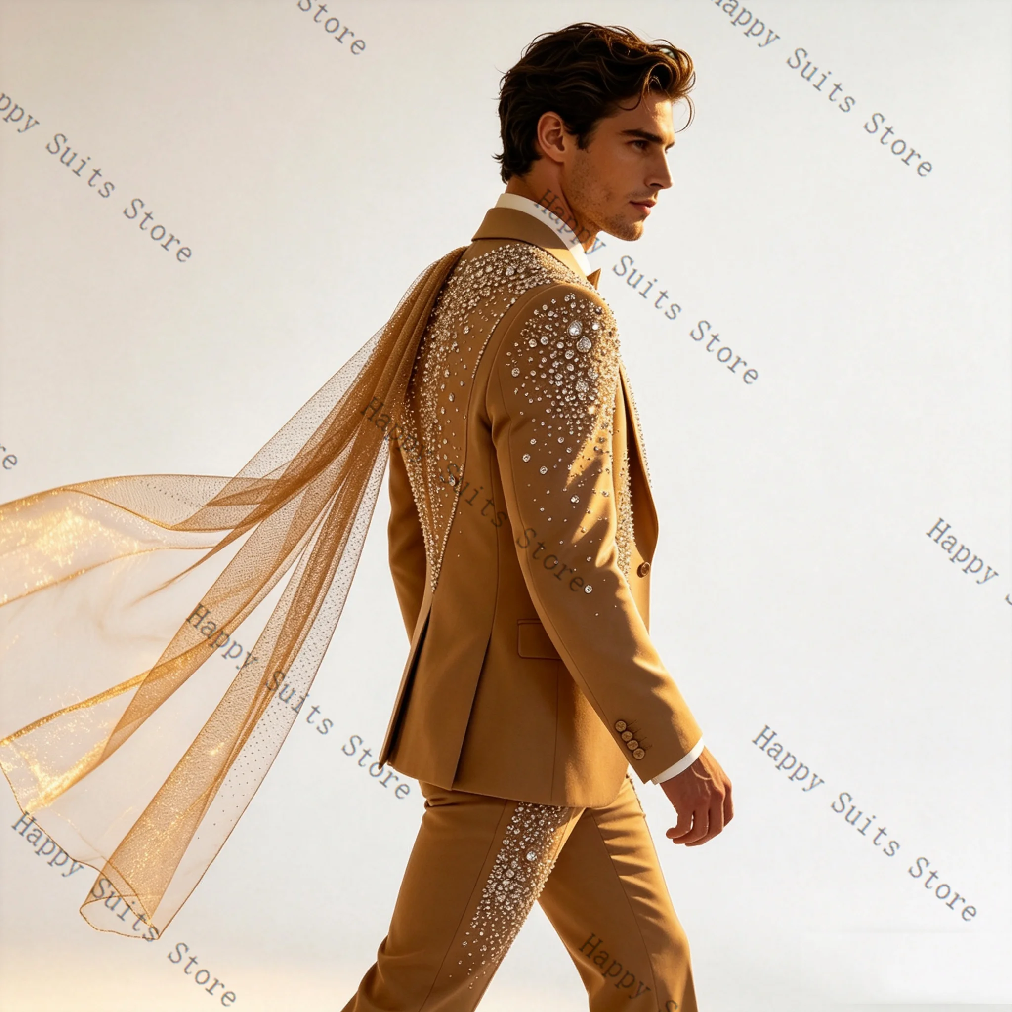 Crystals Wrap Brown Men Suit Set 2 Pcs Blazer+Pants Trousers Cotton Formal Office Coat Wedding Tuxedo Customized Jacket Outfit