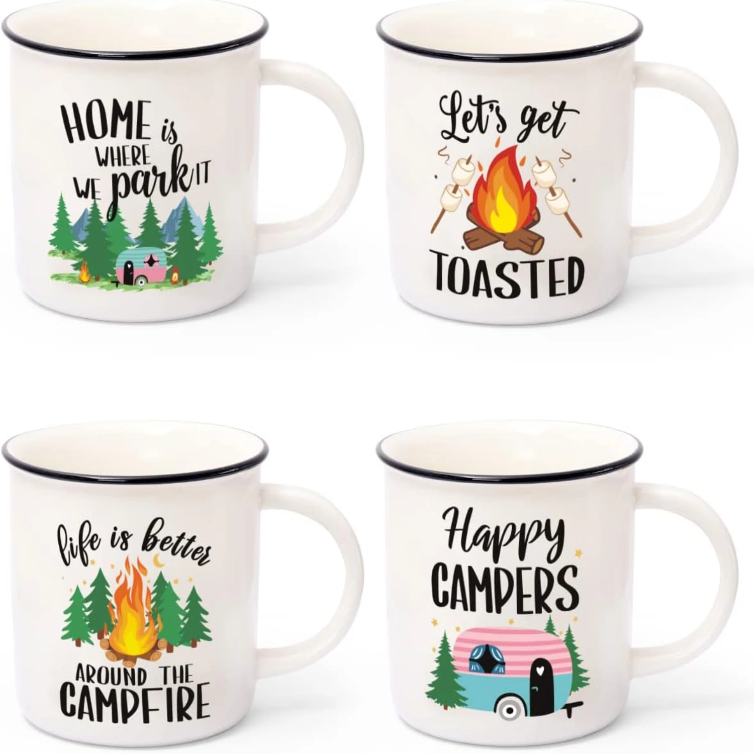 Vibrant and Colorful Ceramic Camping Coffee Mug Set of 4 - Charming Travel Mug Set for Enthusiastic Campers - Joyful On-the-Go T