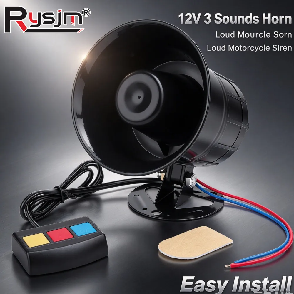 N 12V 3 Tone Siren Horn, Universal Motorcycle Car Loud Warning Alarm Speaker with Control Button for ATV UTV Vehicle