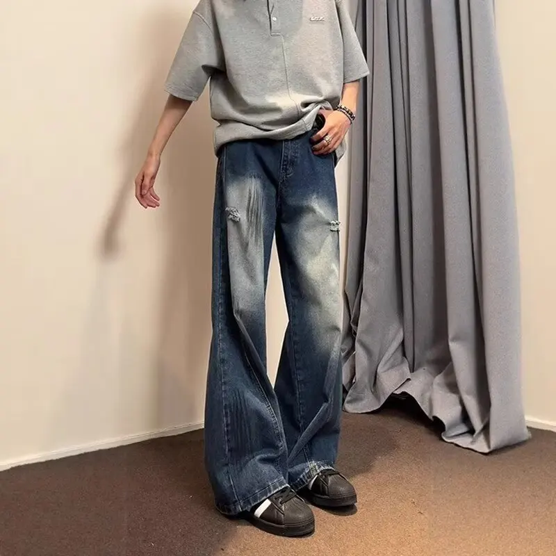 

Men's Autumn Winter Large Size 115kg American Style Yellow Mud Wide Leg Jeans Knife Bootcut Trousers Drapey Design Sensa...