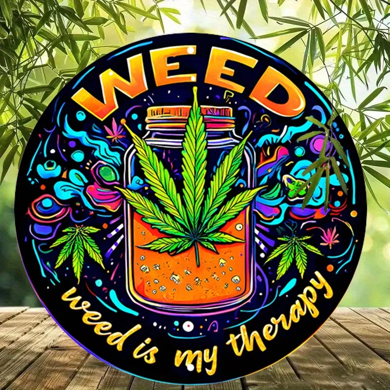 1 علامة قصدير معدنية من الألومنيوم مخدر ، علامة ألومنيوم مستديرة على شكل قنب ، علامة ألومنيوم مستديرة ملونة-فن جدار معدني مريح #3