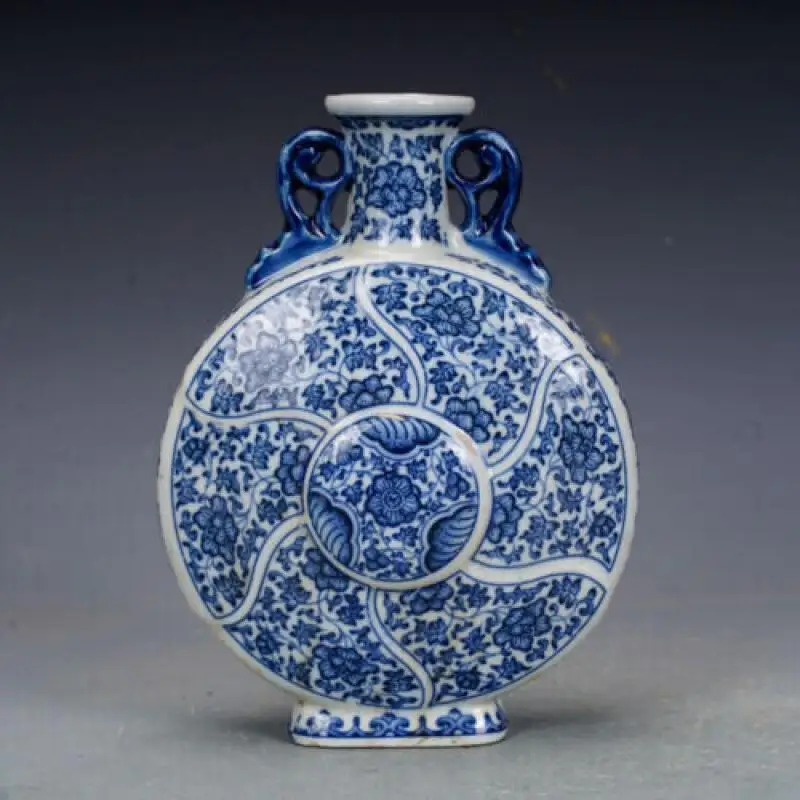 7.70 inch Chinese Blue and White Porcelain Lotus Pattern Flat Vase exquisite handicraft