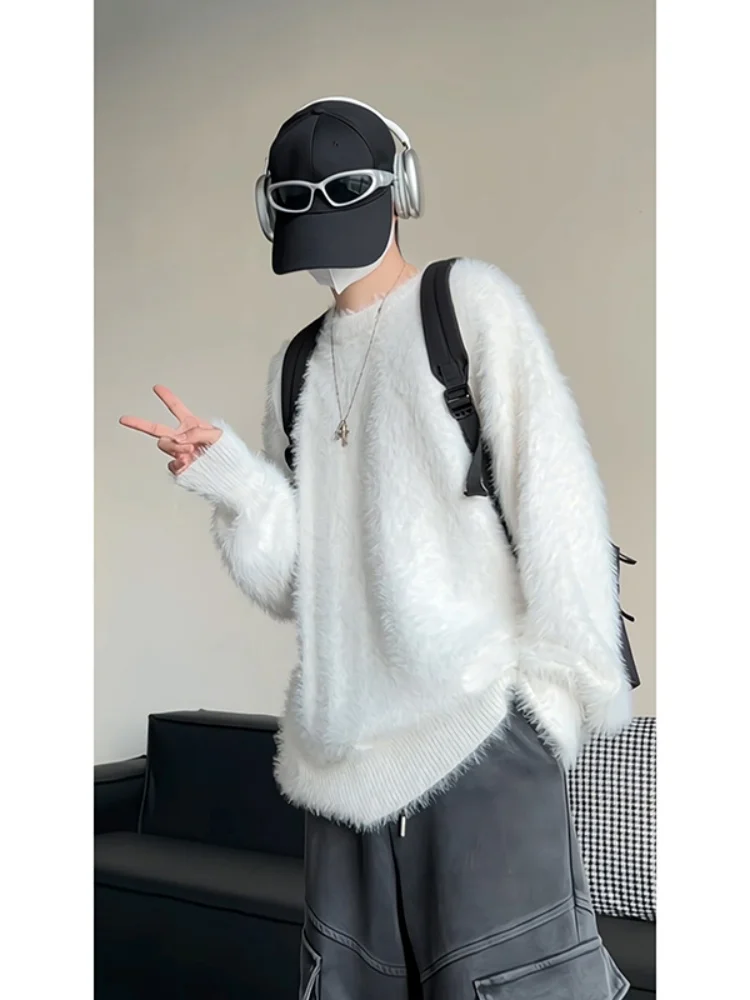 

Thickened Soft Knitted Long Sleeve Mock Fur Sweater for Men Winter Warm Loose Fit Base Shirt for Teenagers Casual American Style