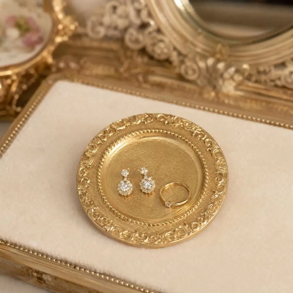 Small Jewelry Organizer Ring Earring Holder Resin Jewelry Tray with Vintage European Embossed Pattern Golden Gloss Desktop