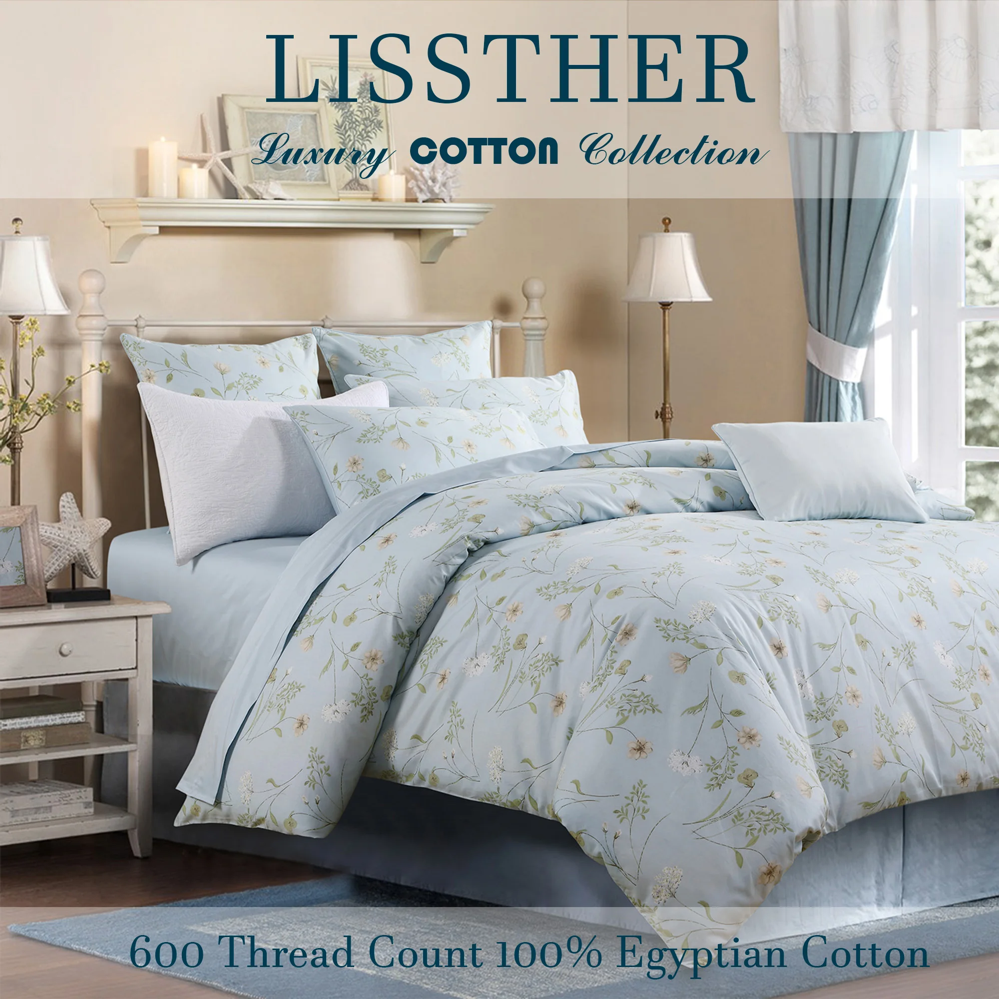 3pcs 600TC 100% Egyptian Cotton Duvet Cover Set, Light Blue Shabby Chic Floral, Soft Skin-Friendly (No Inserts)