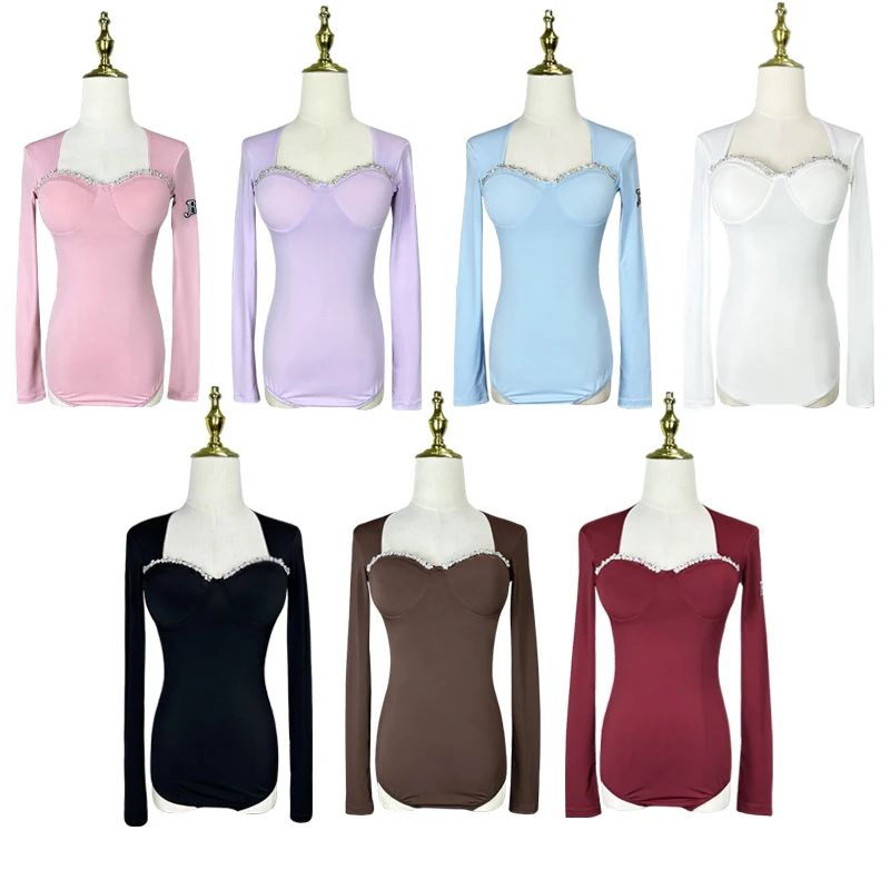 

Adult Women Latin Dance Clothes Crystal Long Sleeves Leotards Rumba Ballroom Dance Performance Tops Practice Dancewear DNV22049