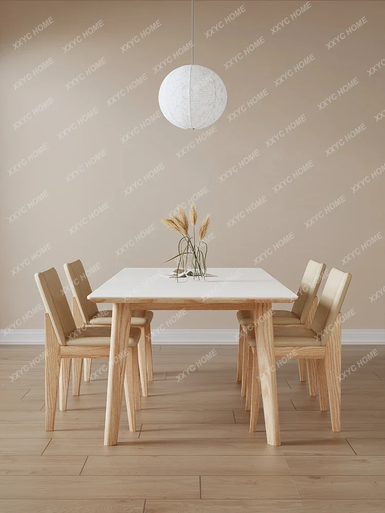 Cream Style Stone Plate Dining Table with Solid Wood Rectangular Household Small Apartment Log Dining Tables and Chairs Set